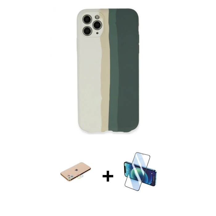 MARSİLYAN™- iPhone 11 Pro Kılıf Yadigar Çizgi - Siyah 3D Antistatik Cam Ekran Koruyucu + Renkli Kamera Lens Koruma Cam - MI