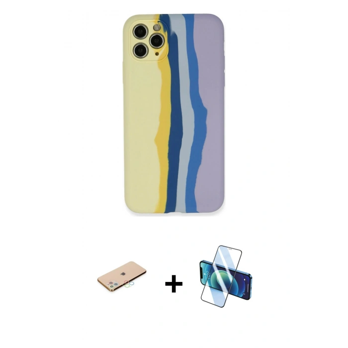 MARSİLYAN™- iPhone 11 Pro Kılıf Yadigar Çizgi - Siyah 3D Antistatik Cam Ekran Koruyucu + Renkli Kamera Lens Koruma Cam - MI