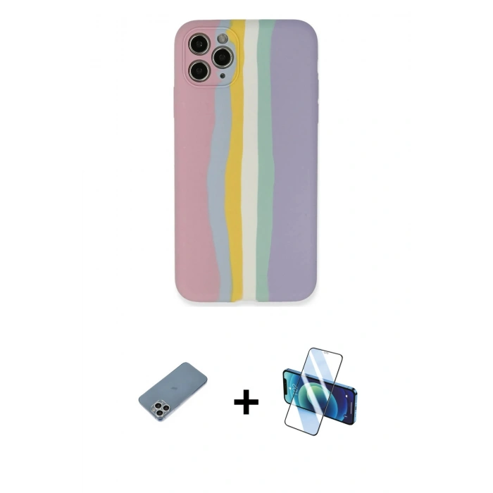 MARSİLYAN™- iPhone 11 Pro Kılıf Yadigar Çizgi - Siyah 3D Antistatik Cam Ekran Koruyucu + Shine Kamera Lens Koruma Cam - GS