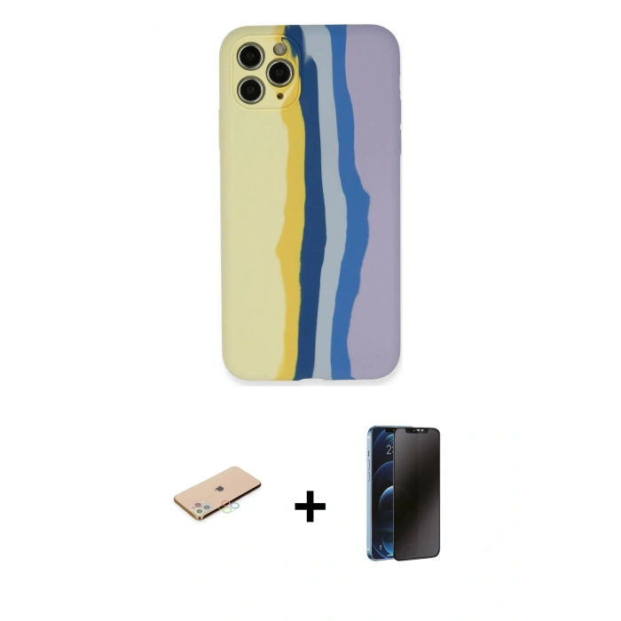 MARSİLYAN™- iPhone 11 Pro Kılıf Yadigar Çizgi - Siyah 3D Antistatik Hayalet Cam Ekran Koruyucu + Mavi Renkli Kamera Lens Koruma Cam