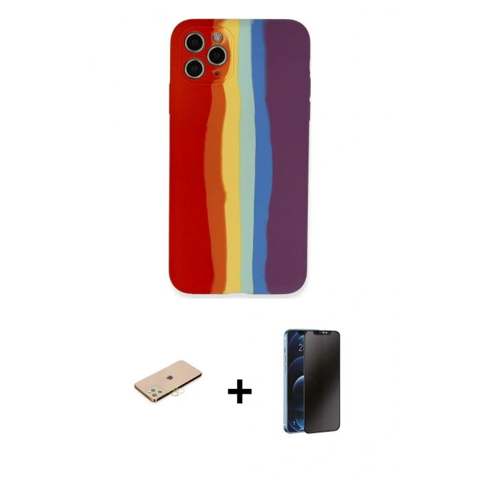 MARSİLYAN™- iPhone 11 Pro Kılıf Yadigar Çizgi - Siyah 3D Antistatik Hayalet Cam Ekran Koruyucu + Renkli Kamera Lens Koruma Cam - PE