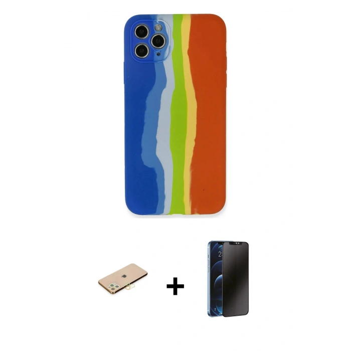 MARSİLYAN™- iPhone 11 Pro Kılıf Yadigar Çizgi - Siyah 3D Antistatik Hayalet Cam Ekran Koruyucu + Renkli Kamera Lens Koruma Cam - PE