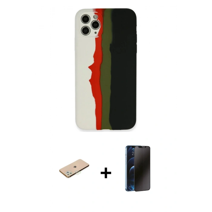 MARSİLYAN™- iPhone 11 Pro Kılıf Yadigar Çizgi - Siyah 3D Antistatik Hayalet Cam Ekran Koruyucu + Renkli Kamera Lens Koruma Cam - YL