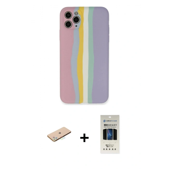 MARSİLYAN™- iPhone 11 Pro Kılıf Yadigar Çizgi - Siyah 5D Hayalet Cam Ekran Koruyucu + Renkli Kamera Lens Koruma Cam - MI