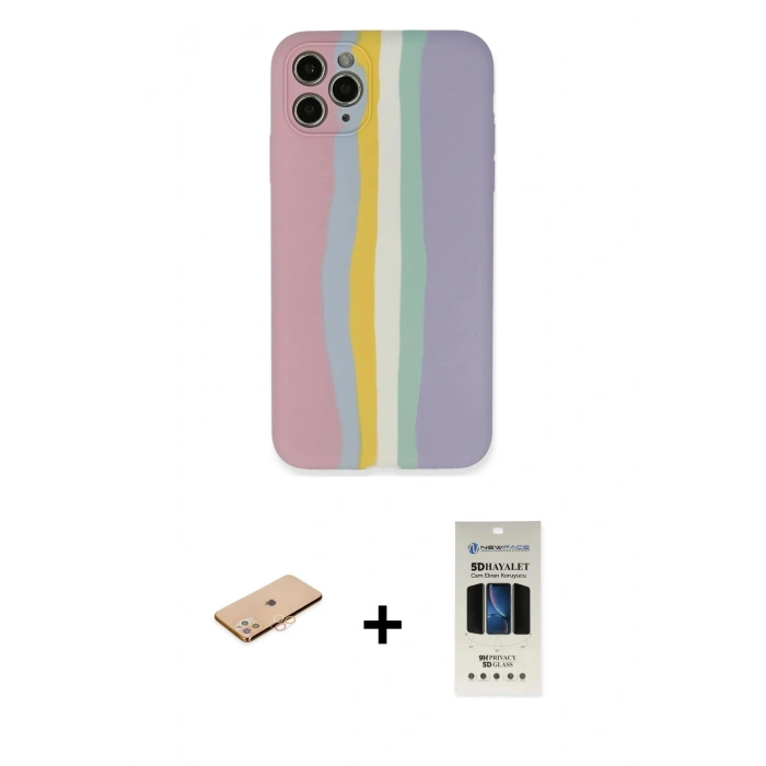 MARSİLYAN™- iPhone 11 Pro Kılıf Yadigar Çizgi - Siyah 5D Hayalet Cam Ekran Koruyucu + Renkli Kamera Lens Koruma Cam - TU