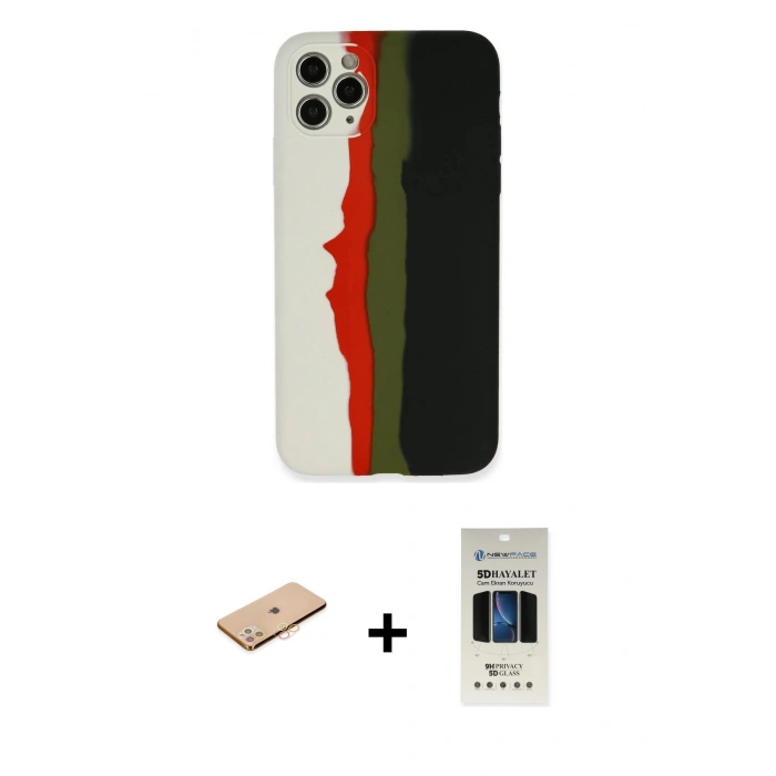 MARSİLYAN™- iPhone 11 Pro Kılıf Yadigar Çizgi - Siyah 5D Hayalet Cam Ekran Koruyucu + Renkli Kamera Lens Koruma Cam - TU