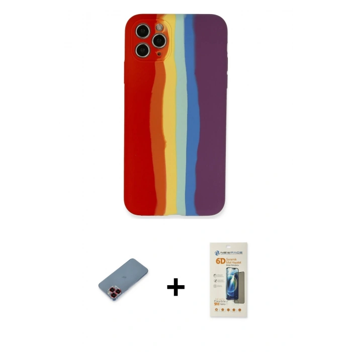 MARSİLYAN™- iPhone 11 Pro Kılıf Yadigar Çizgi - Siyah 6D Mat Seramik Hayalet Nano Ekran Koruyucu + Kırmızı Metal Kamera Lens Koruma Cam