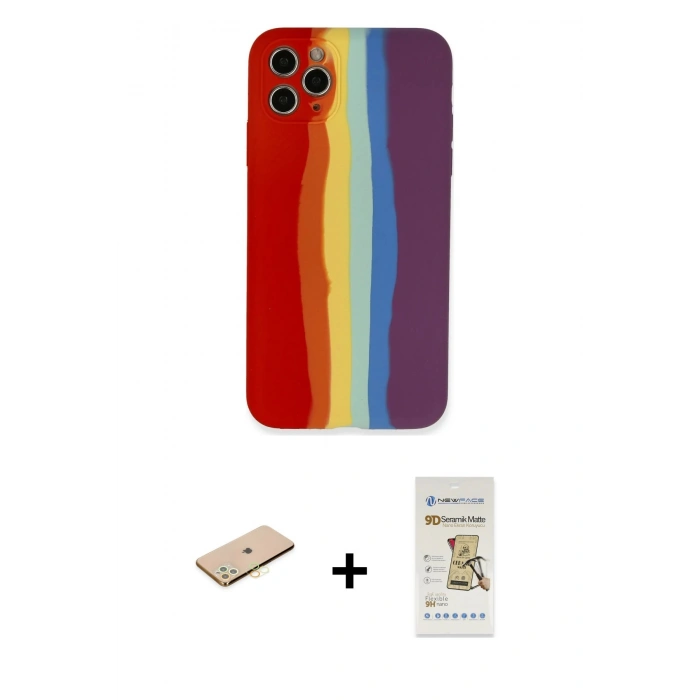 MARSİLYAN™- iPhone 11 Pro Kılıf Yadigar Çizgi - Siyah Mat Seramik Nano Ekran Koruyucu + Renkli Kamera Lens Koruma Cam - SI