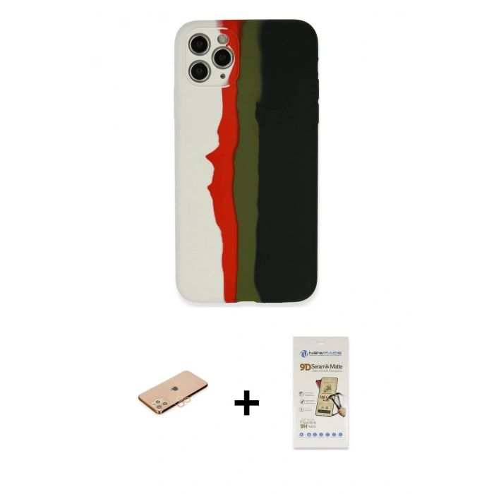 MARSİLYAN™- iPhone 11 Pro Kılıf Yadigar Çizgi - Siyah Mat Seramik Nano Ekran Koruyucu + Turuncu Renkli Kamera Lens Koruma Cam