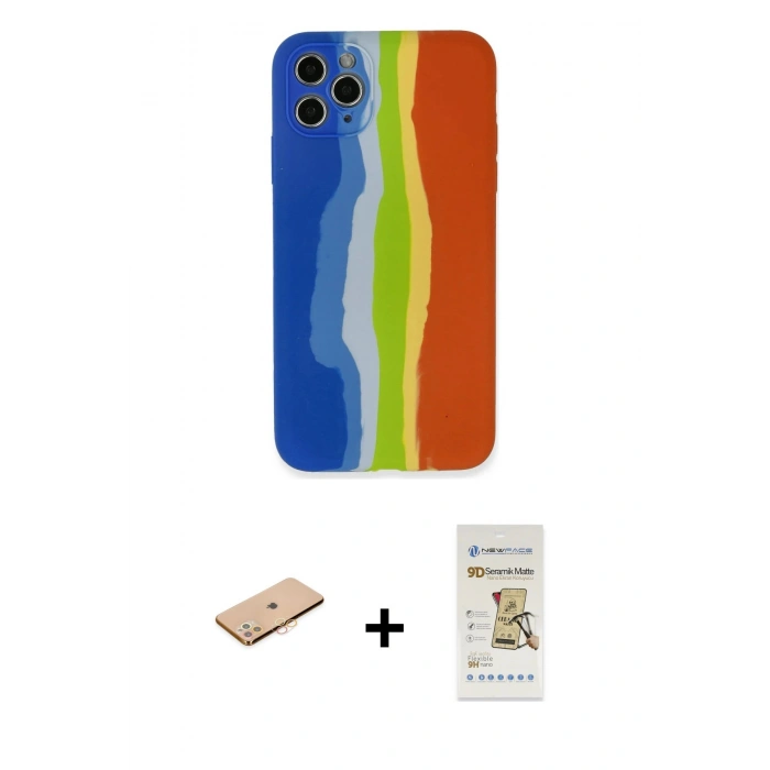 MARSİLYAN™- iPhone 11 Pro Kılıf Yadigar Çizgi - Siyah Mat Seramik Nano Ekran Koruyucu + Turuncu Renkli Kamera Lens Koruma Cam