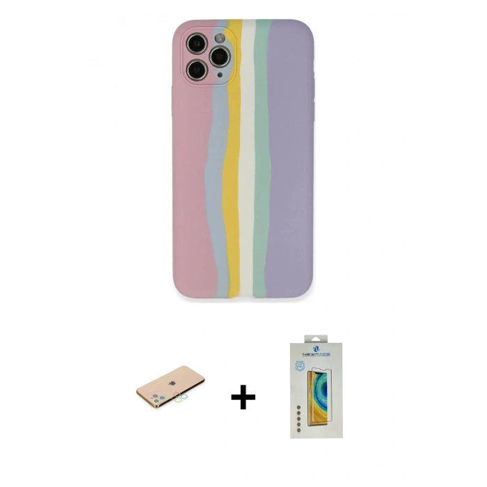 MARSİLYAN™- iPhone 11 Pro Kılıf Yadigar Çizgi - Siyah Polymer Nano Ekran Koruyucu + Renkli Kamera Lens Koruma Cam - MI