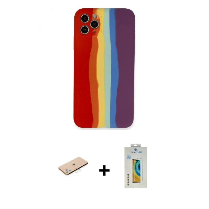 MARSİLYAN™- iPhone 11 Pro Kılıf Yadigar Çizgi - Siyah Polymer Nano Ekran Koruyucu + Renkli Kamera Lens Koruma Cam - MI
