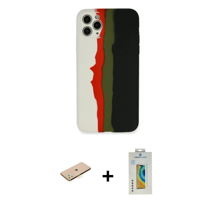MARSİLYAN™- iPhone 11 Pro Kılıf Yadigar Çizgi - Siyah Polymer Nano Ekran Koruyucu + Renkli Kamera Lens Koruma Cam - PE