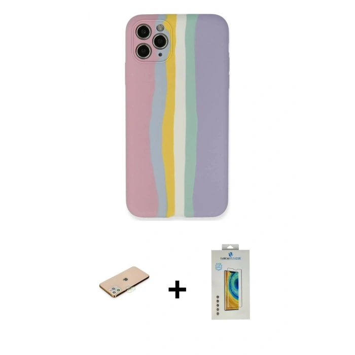 MARSİLYAN™- iPhone 11 Pro Kılıf Yadigar Çizgi - Siyah Polymer Nano Ekran Koruyucu + Renkli Kamera Lens Koruma Cam - YL