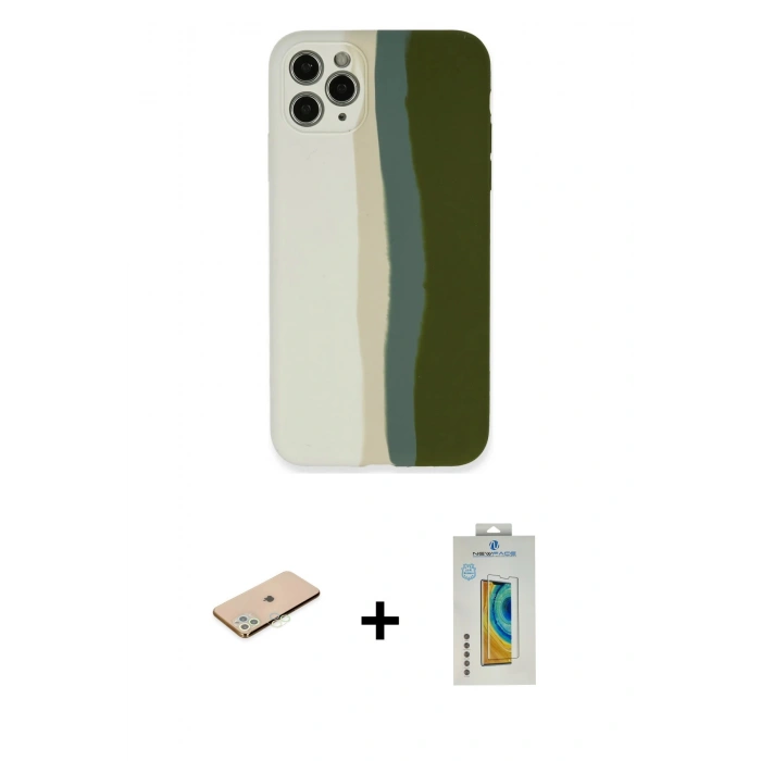 MARSİLYAN™- iPhone 11 Pro Kılıf Yadigar Çizgi - Siyah Polymer Nano Ekran Koruyucu + Renkli Kamera Lens Koruma Cam - YL
