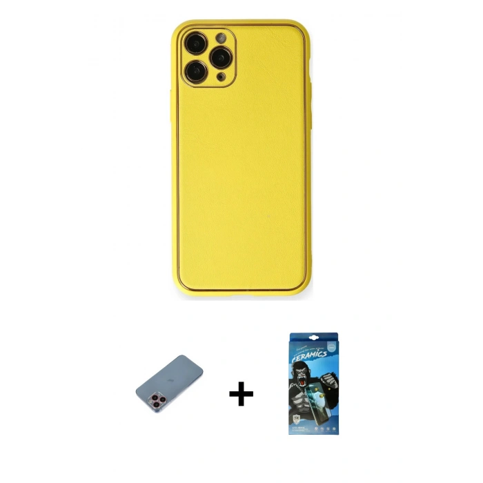MARSİLYAN™- iPhone 11 Pro Kılıf Yadigar Klasik - Siyah 34D Izgaralı Cam + Shine Kamera Lens Koruma Cam - PE
