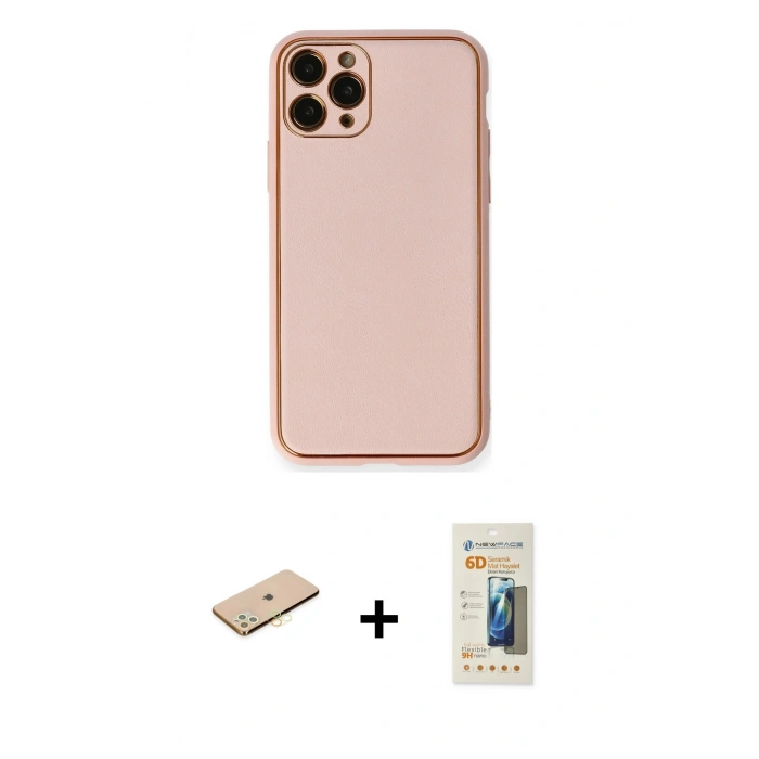 MARSİLYAN™- iPhone 11 Pro Kılıf Yadigar Klasik - Siyah 6D Mat Seramik Hayalet Nano Ekran Koruyucu + Pembe Renkli Kamera Lens Koruma Cam