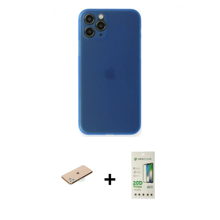 MARSİLYAN™- iPhone 11 Pro Kılıf Yadigar Yansıma Serisi - Siyah 20D Premium Cam Ekran Koruyucu + Mavi Renkli Kamera Lens Koruma Cam