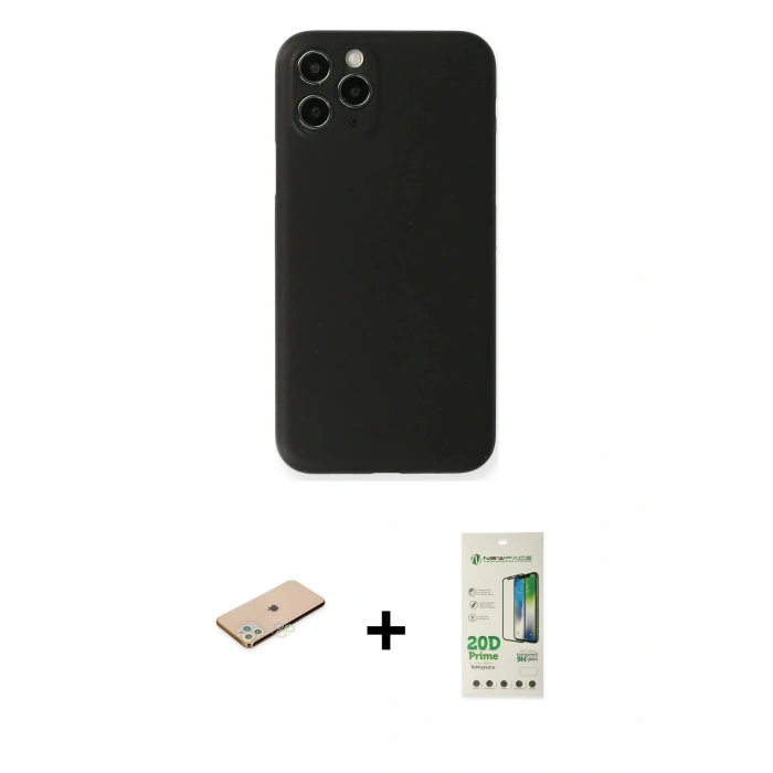 MARSİLYAN™- iPhone 11 Pro Kılıf Yadigar Yansıma Serisi - Siyah 20D Premium Cam Ekran Koruyucu + Renkli Kamera Lens Koruma Cam - YL