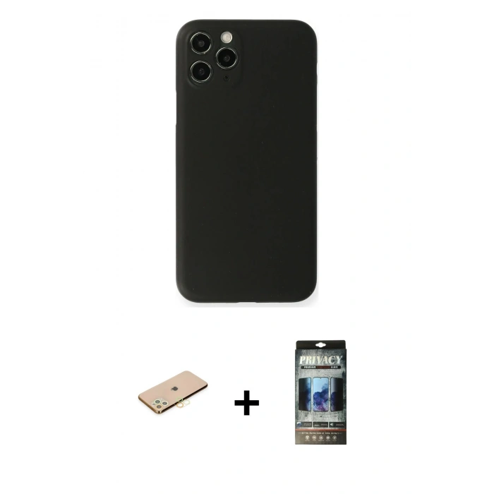 MARSİLYAN™- iPhone 11 Pro Kılıf Yadigar Yansıma Serisi - Siyah 34D Hayalet Izgaralı Cam + Renkli Kamera Lens Koruma Cam - PE