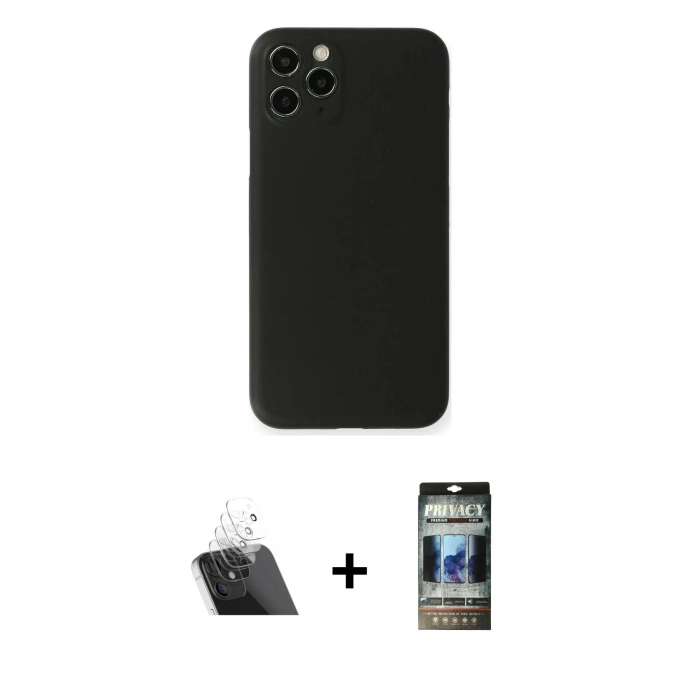 MARSİLYAN™- iPhone 11 Pro Kılıf Yadigar Yansıma Serisi - Siyah 34D Hayalet Izgaralı Cam + Kamera Lens Koruma Cam - SF