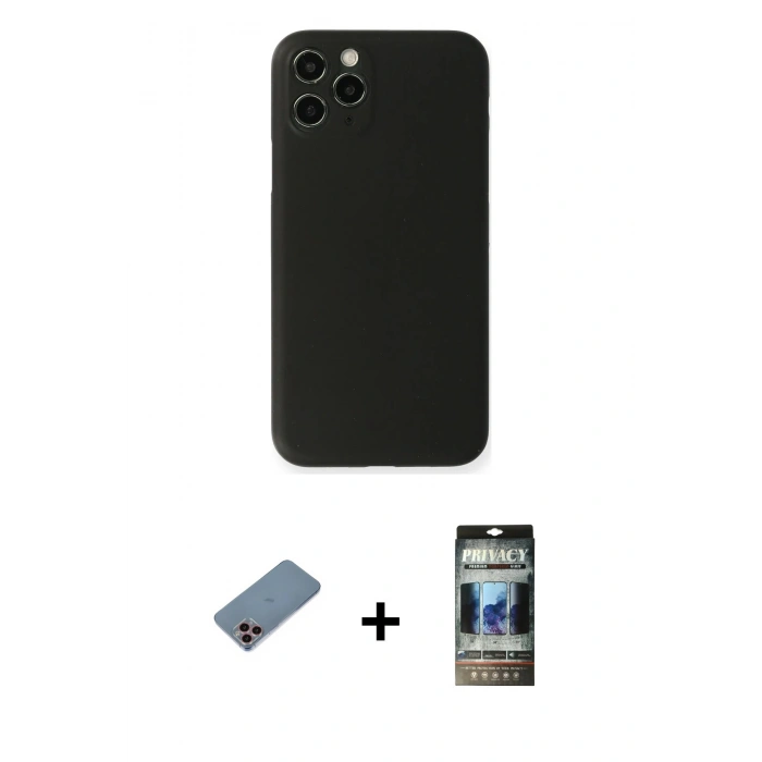 MARSİLYAN™- iPhone 11 Pro Kılıf Yadigar Yansıma Serisi - Siyah 34D Hayalet Izgaralı Cam + Shine Kamera Lens Koruma Cam - PE