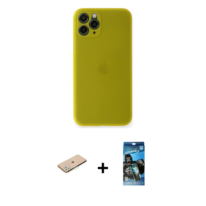 MARSİLYAN™- iPhone 11 Pro Kılıf Yadigar Yansıma Serisi - Siyah 34D Izgaralı Cam + Renkli Kamera Lens Koruma Cam - YL