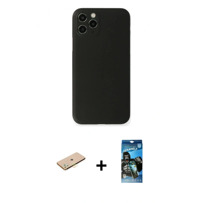 MARSİLYAN™- iPhone 11 Pro Kılıf Yadigar Yansıma Serisi - Siyah 34D Izgaralı Cam + Renkli Kamera Lens Koruma Cam - SI