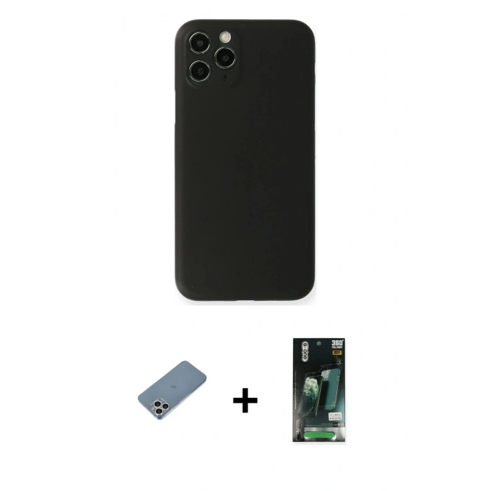 MARSİLYAN™- iPhone 11 Pro Kılıf Yadigar Yansıma Serisi - Siyah 360 Mat Full Body Arka Koruyucu + Shine Kamera Lens Koruma Cam - GS