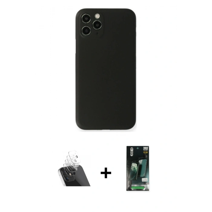 MARSİLYAN™- iPhone 11 Pro Kılıf Yadigar Yansıma Serisi - Siyah 360 Mat Full Body Arka Koruyucu + Kamera Lens Koruma Cam - SF
