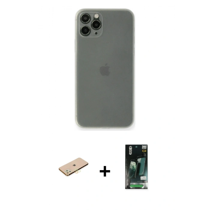 MARSİLYAN™- iPhone 11 Pro Kılıf Yadigar Yansıma Serisi - Siyah 360 Mat Full Body Arka Koruyucu + Renkli Kamera Lens Koruma Cam - PE