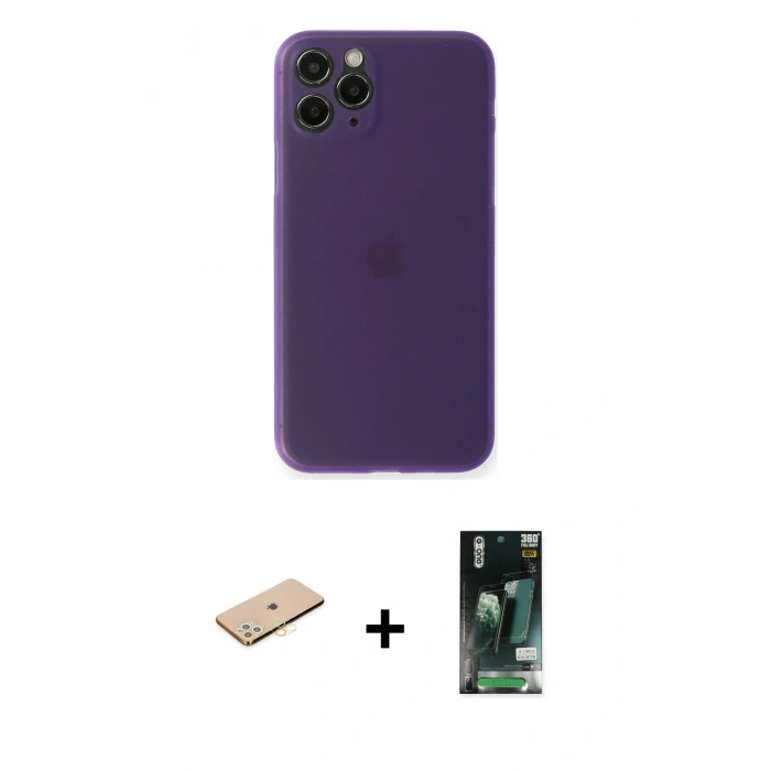 MARSİLYAN™- iPhone 11 Pro Kılıf Yadigar Yansıma Serisi - Siyah 360 Mat Full Body Arka Koruyucu + Renkli Kamera Lens Koruma Cam - PE