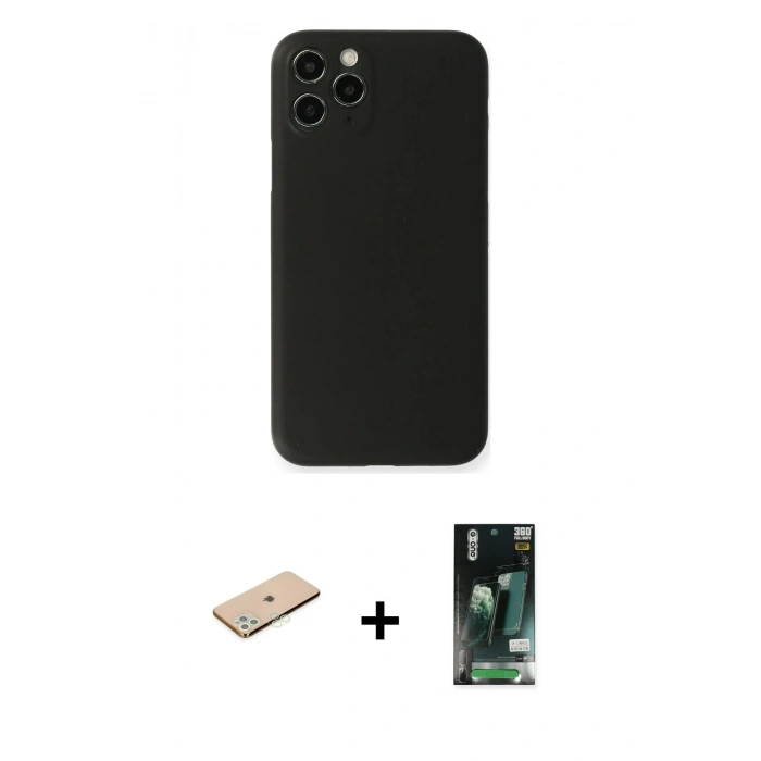 MARSİLYAN™- iPhone 11 Pro Kılıf Yadigar Yansıma Serisi - Siyah 360 Mat Full Body Arka Koruyucu + Renkli Kamera Lens Koruma Cam - YL