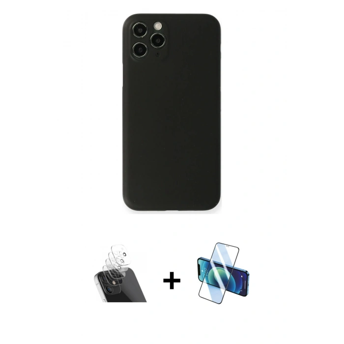 MARSİLYAN™- iPhone 11 Pro Kılıf Yadigar Yansıma Serisi - Siyah 3D Antistatik Cam Ekran Koruyucu + Kamera Lens Koruma Cam - SF
