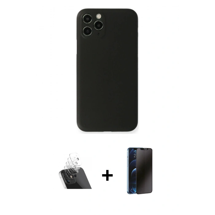 MARSİLYAN™- iPhone 11 Pro Kılıf Yadigar Yansıma Serisi - Siyah 3D Antistatik Hayalet Cam Ekran Koruyucu + Kamera Lens Koruma Cam - SF