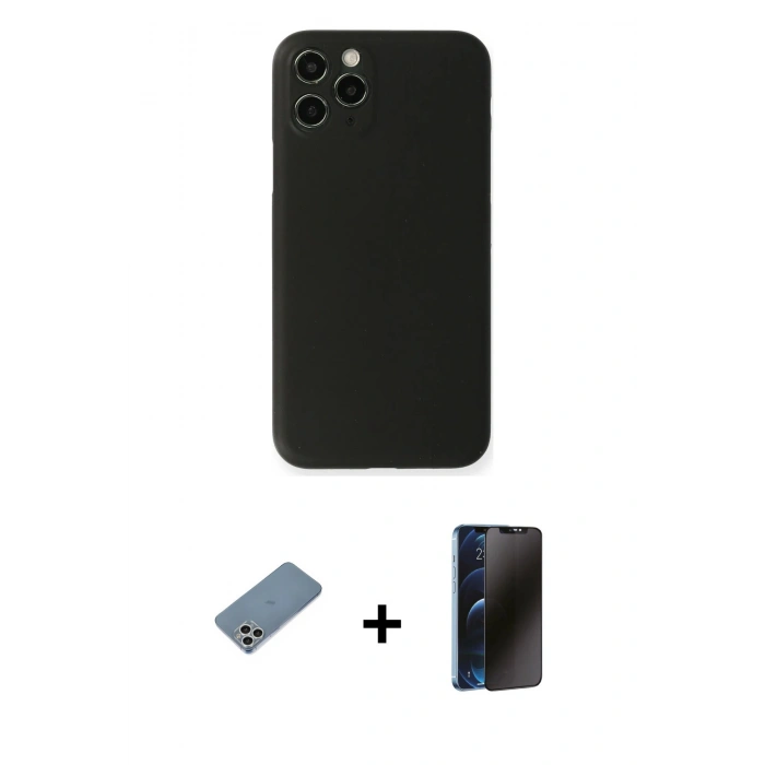 MARSİLYAN™- iPhone 11 Pro Kılıf Yadigar Yansıma Serisi - Siyah 3D Antistatik Hayalet Cam Ekran Koruyucu + Shine Kamera Lens Koruma Cam - GS