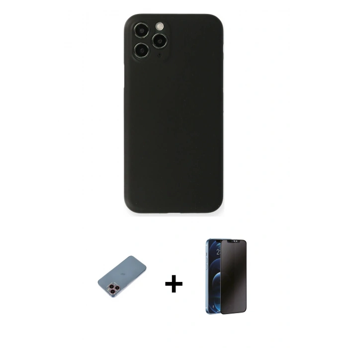 MARSİLYAN™- iPhone 11 Pro Kılıf Yadigar Yansıma Serisi - Siyah 3D Antistatik Hayalet Cam Ekran Koruyucu + Shine Kamera Lens Koruma Cam - PE
