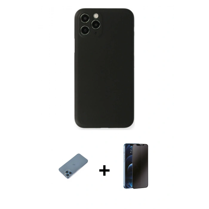 MARSİLYAN™- iPhone 11 Pro Kılıf Yadigar Yansıma Serisi - Siyah 3D Antistatik Hayalet Cam Ekran Koruyucu + Shine Kamera Lens Koruma Cam - MI
