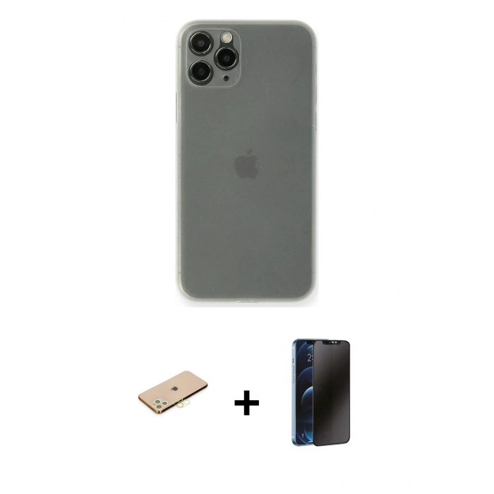 MARSİLYAN™- iPhone 11 Pro Kılıf Yadigar Yansıma Serisi - Siyah 3D Antistatik Hayalet Cam Ekran Koruyucu + Renkli Kamera Lens Koruma Cam - PE