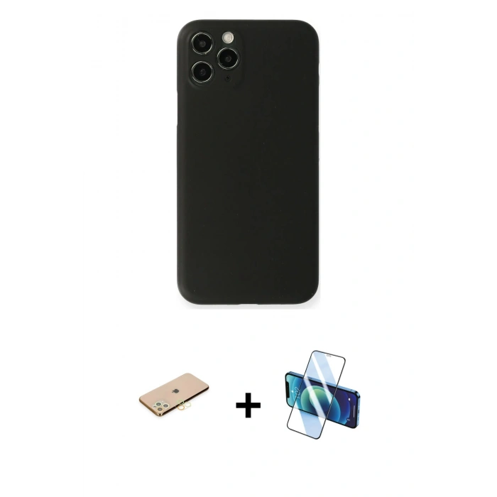 MARSİLYAN™- iPhone 11 Pro Kılıf Yadigar Yansıma Serisi - Siyah 3D Antistatik Seramik Nano Ekran Koruyucu + Renkli Kamera Lens Koruma Cam - PE