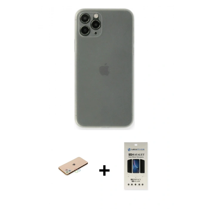 MARSİLYAN™- iPhone 11 Pro Kılıf Yadigar Yansıma Serisi - Siyah 5D Hayalet Cam Ekran Koruyucu + Renkli Kamera Lens Koruma Cam - MI