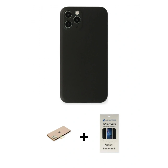 MARSİLYAN™- iPhone 11 Pro Kılıf Yadigar Yansıma Serisi - Siyah 5D Hayalet Cam Ekran Koruyucu + Renkli Kamera Lens Koruma Cam - SI