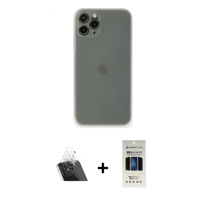MARSİLYAN™- iPhone 11 Pro Kılıf Yadigar Yansıma Serisi - Siyah 5D Hayalet Cam Ekran Koruyucu + Kamera Lens Koruma Cam - SF
