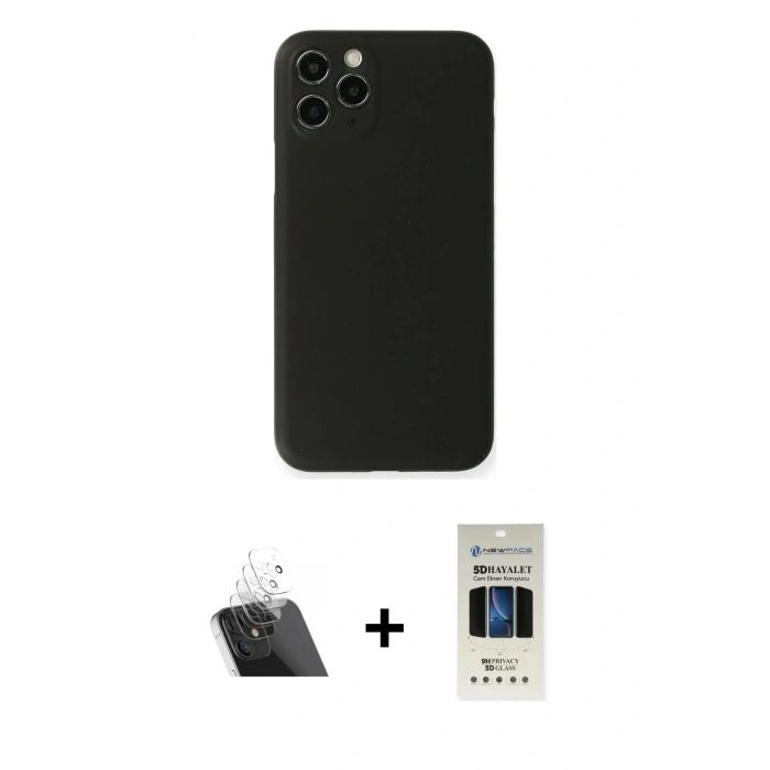 MARSİLYAN™- iPhone 11 Pro Kılıf Yadigar Yansıma Serisi - Siyah 5D Hayalet Cam Ekran Koruyucu + Kamera Lens Koruma Cam - SF