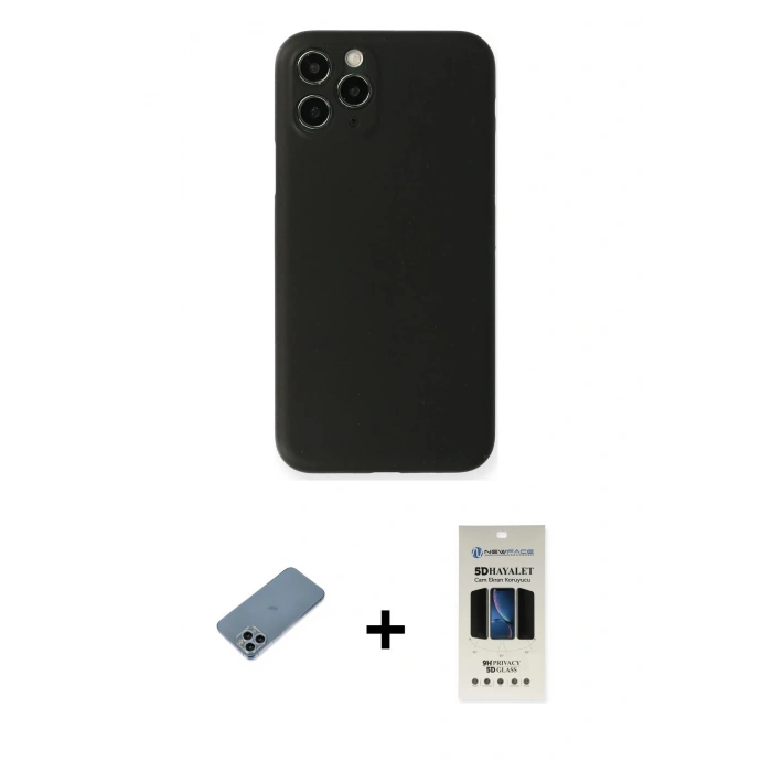MARSİLYAN™- iPhone 11 Pro Kılıf Yadigar Yansıma Serisi - Siyah 5D Hayalet Cam Ekran Koruyucu + Shine Kamera Lens Koruma Cam - SABE
