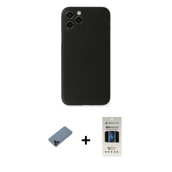 MARSİLYAN™- iPhone 11 Pro Kılıf Yadigar Yansıma Serisi - Siyah 5D Hayalet Cam Ekran Koruyucu + Shine Kamera Lens Koruma Cam - SH