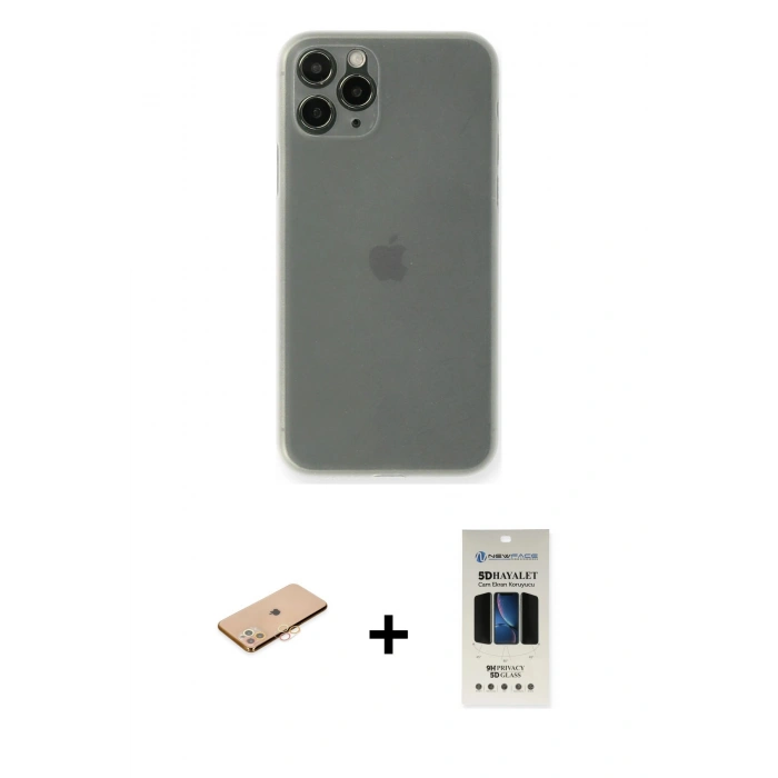 MARSİLYAN™- iPhone 11 Pro Kılıf Yadigar Yansıma Serisi - Siyah 5D Hayalet Cam Ekran Koruyucu + Renkli Kamera Lens Koruma Cam - TU