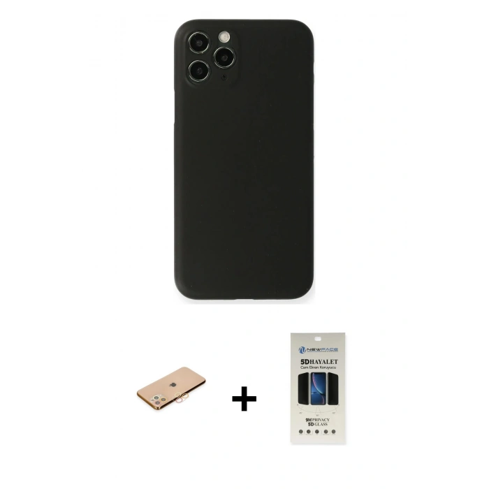 MARSİLYAN™- iPhone 11 Pro Kılıf Yadigar Yansıma Serisi - Siyah 5D Hayalet Cam Ekran Koruyucu + Renkli Kamera Lens Koruma Cam - TU