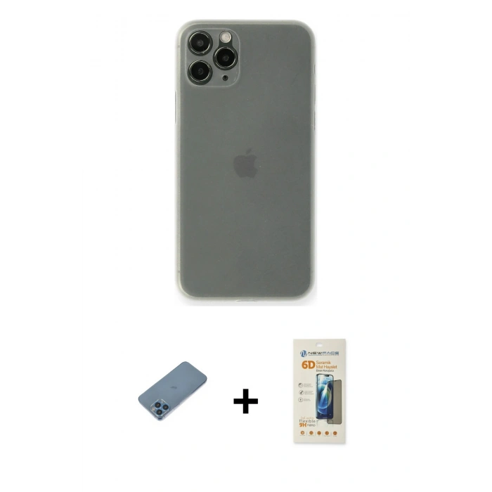 MARSİLYAN™- iPhone 11 Pro Kılıf Yadigar Yansıma Serisi - Siyah 6D Mat Seramik Hayalet Nano Ekran Koruyucu + Mavi Shine Kamera Lens Koruma Cam
