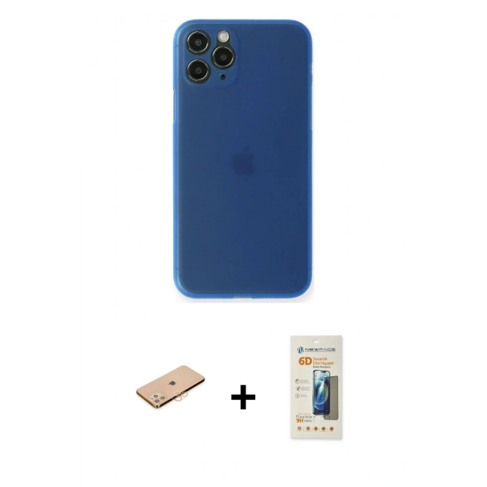 MARSİLYAN™- iPhone 11 Pro Kılıf Yadigar Yansıma Serisi - Siyah 6D Mat Seramik Hayalet Nano Ekran Koruyucu + Turuncu Renkli Kamera Lens Koruma Cam